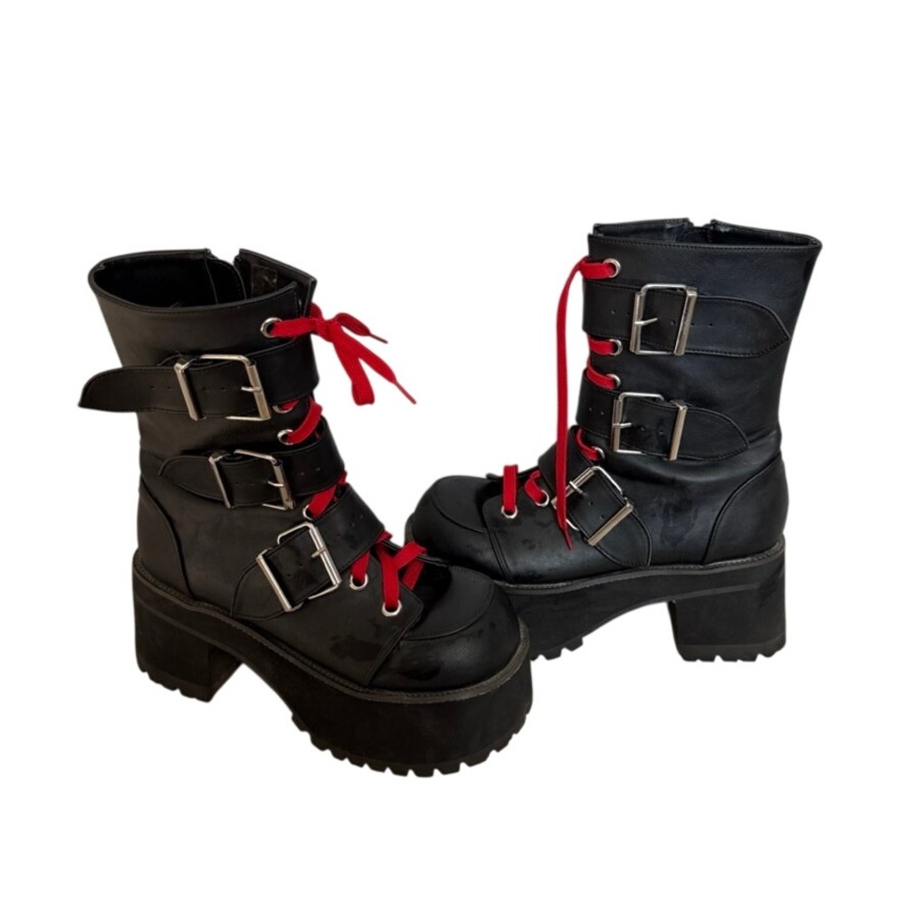 Demonia Ranger 308 Combat Platform Boots Women 11 Black Red Goth Punk Rave Lug